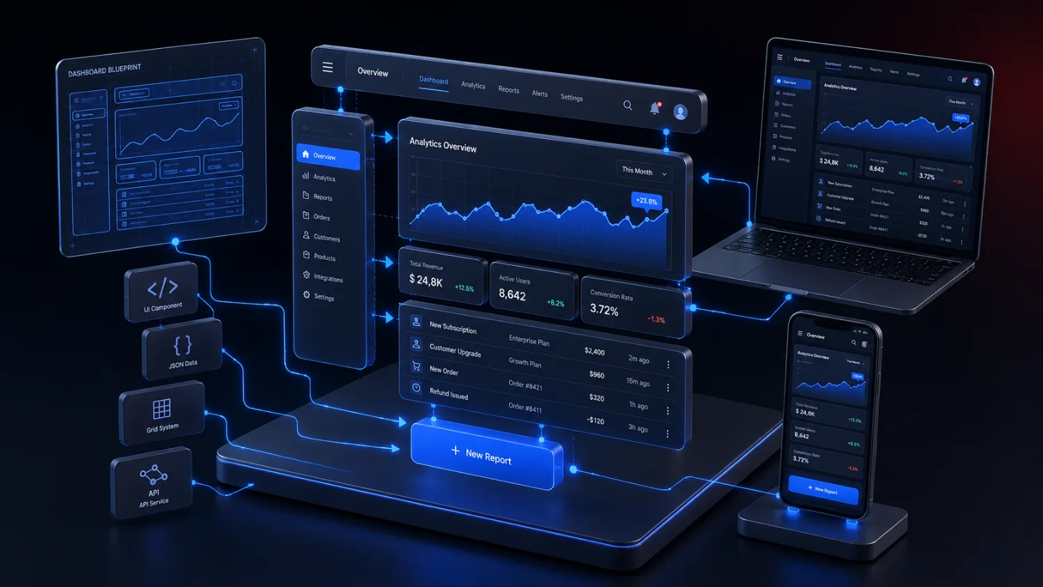 Custom software dashboard shown across desktop, laptop and mobile