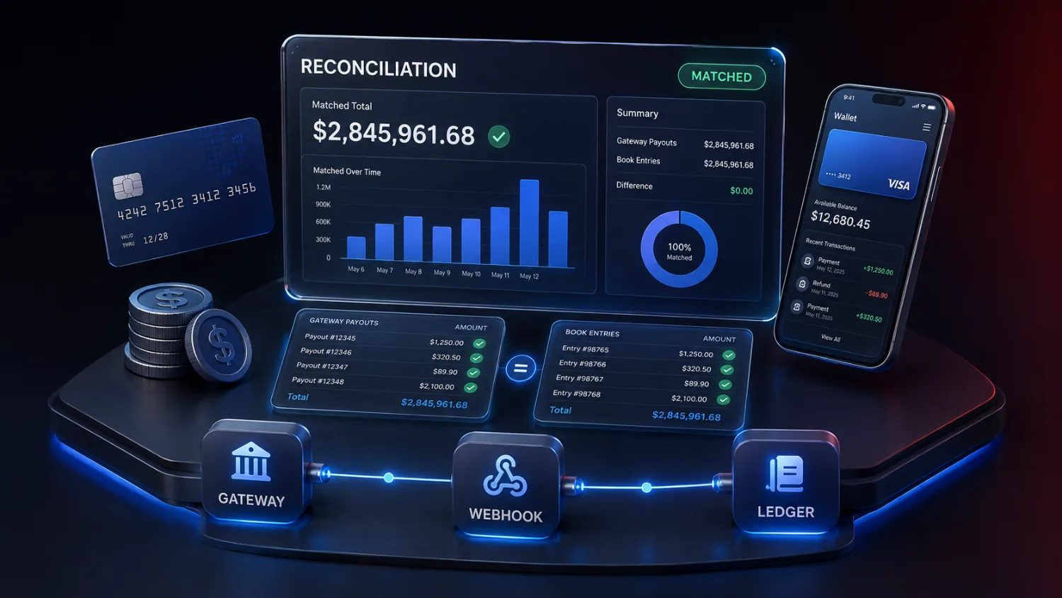 Payment reconciliation dashboard with gateway payouts matched to the ledger